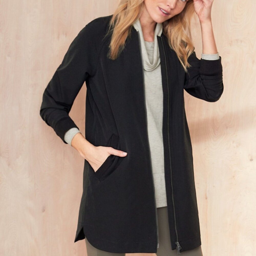Garnet Hill Longline Bomber Jacket Small S Black Zip Up Coat